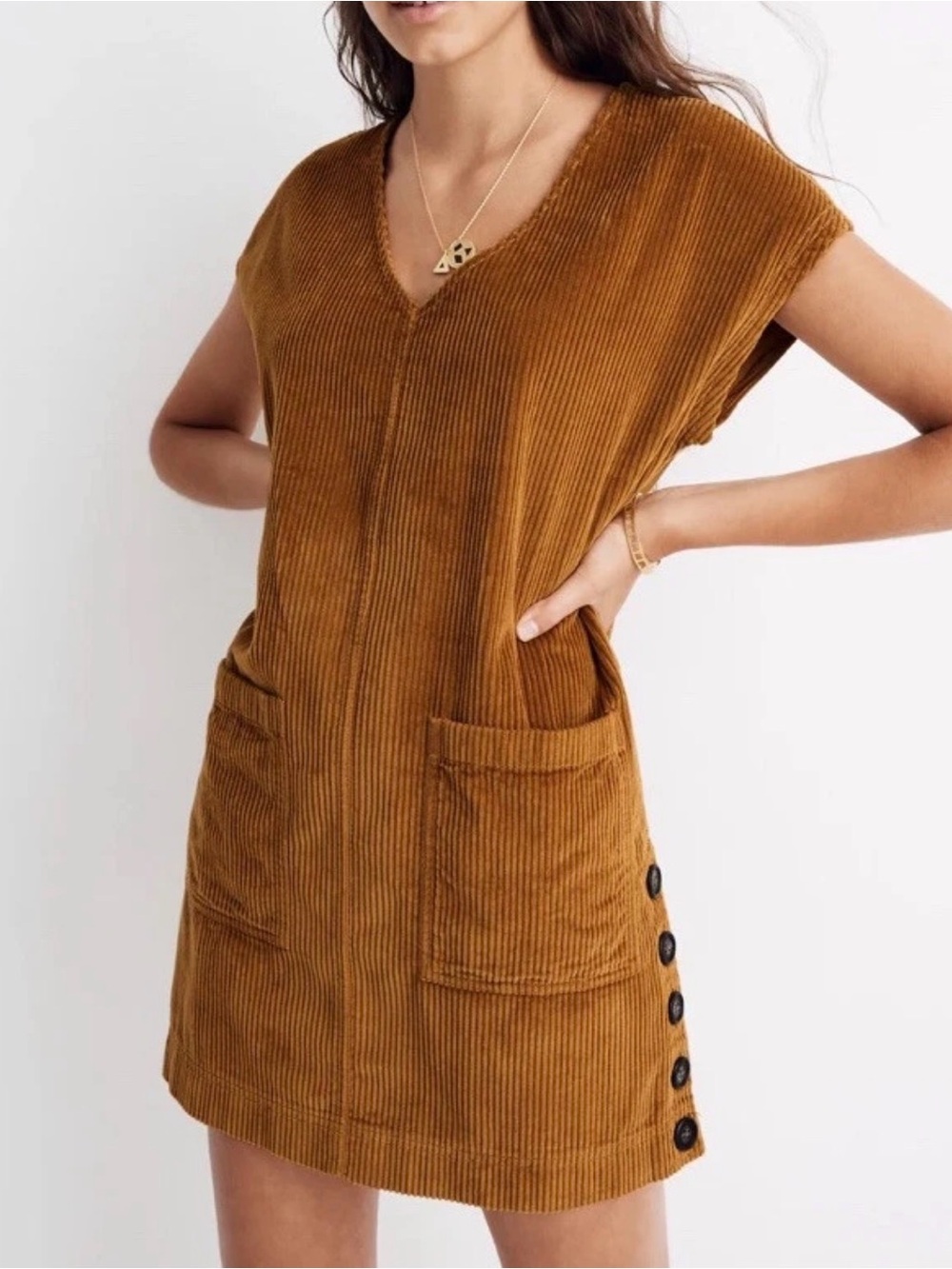 Madewell Mustard Corduroy V-Neck Dress